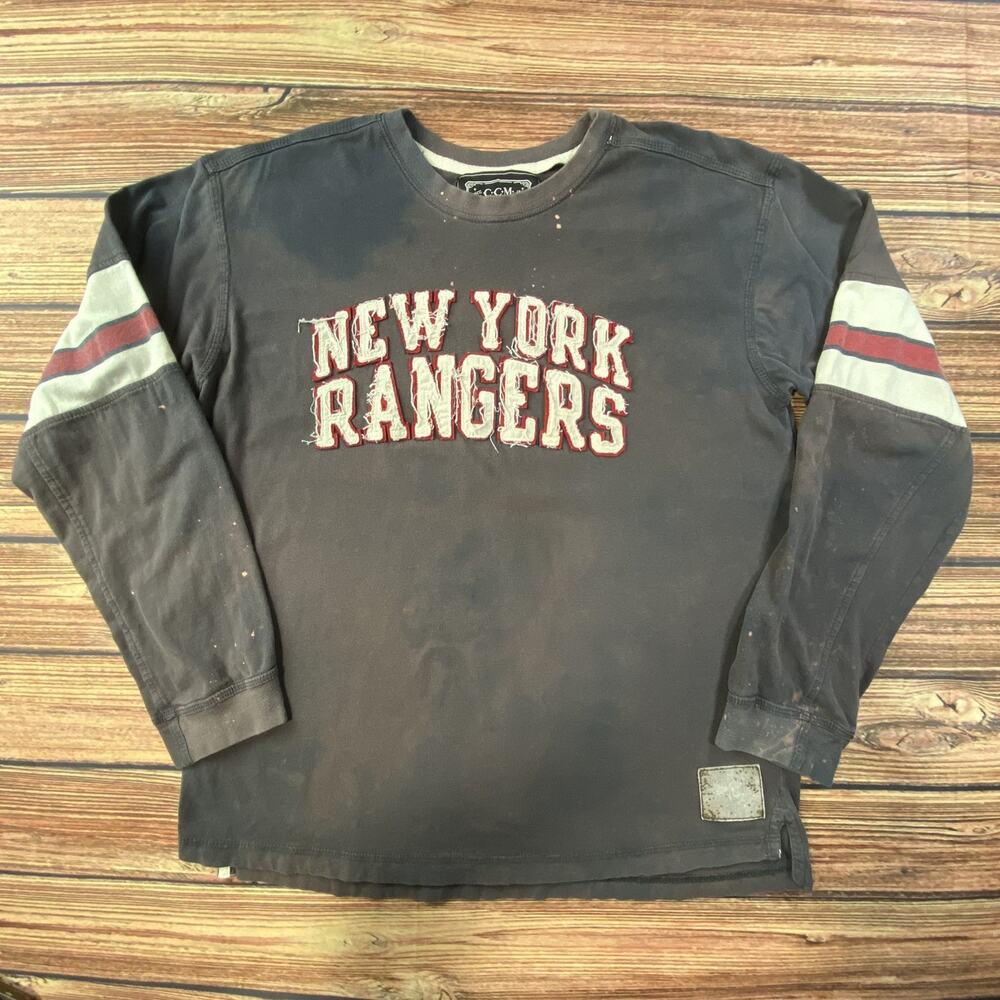 Vtg CCM NHL New York Rangers Gray Bleach Splatter Long Sleeve Hockey XL